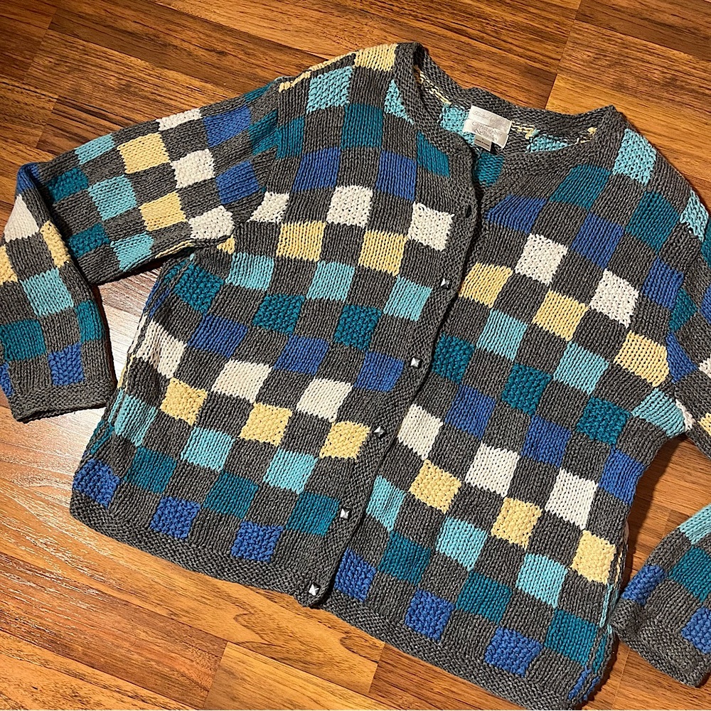 Vintage Y2K HandKnit Sweater Vintage Multicolor Checkered Oversized Cardigan
